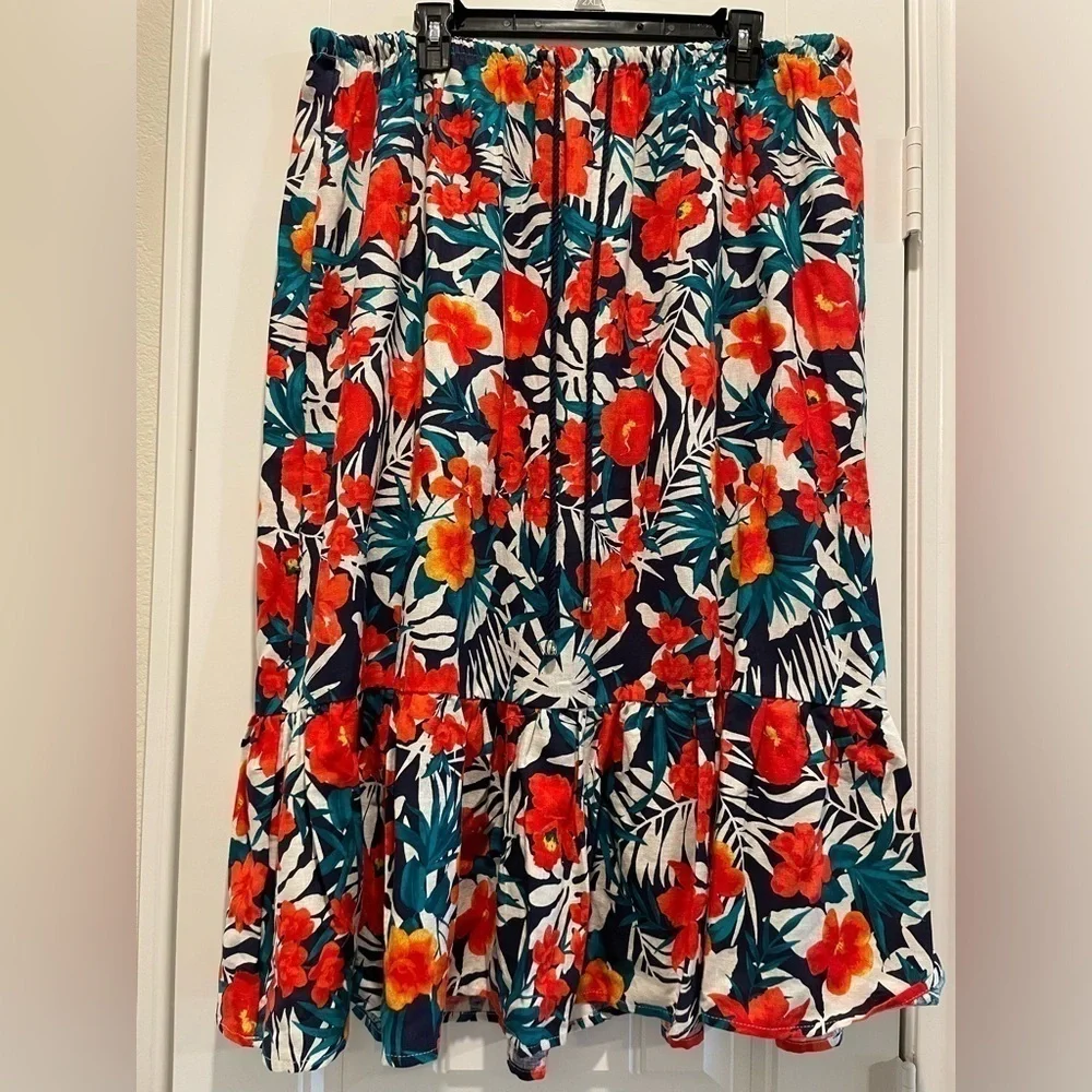 Jessica London Women Midi Skirt Size 24 Red Linen Blend Floral Coastal Grandma